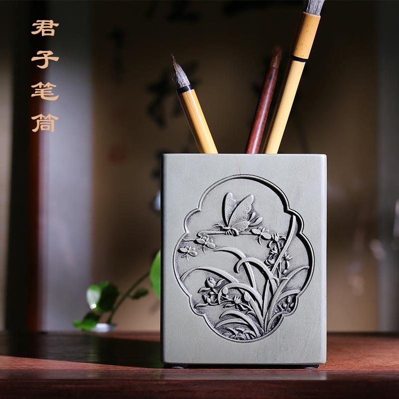 笔筒原石制端砚绿端大号毛笔收纳桶雕刻四君子书法陈列用品摆件