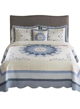 OQ5M美式纯棉绗缝床盖榻榻米加大加宽蓝色大丽花绣花拼块四季