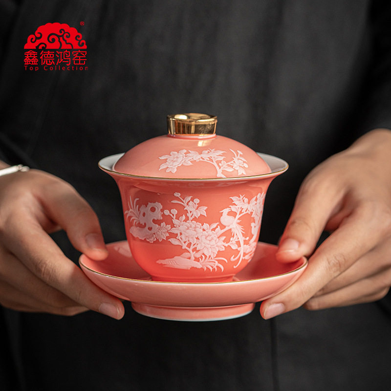 景德拟古颜色釉堆白团花锦簇三才盖碗中式陶瓷泡茶碗轻奢女士泡茶