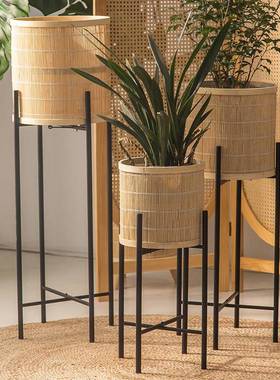 #新款简约架厅阳台植物摆放架龟背客竹绿萝花竹编花盆99068架篮花