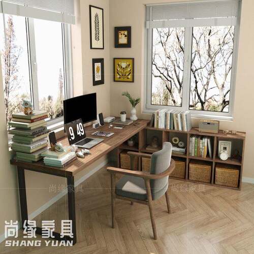实木转书桌书柜一双体合书房l型大板公桌家用cy-72464拐角组人角