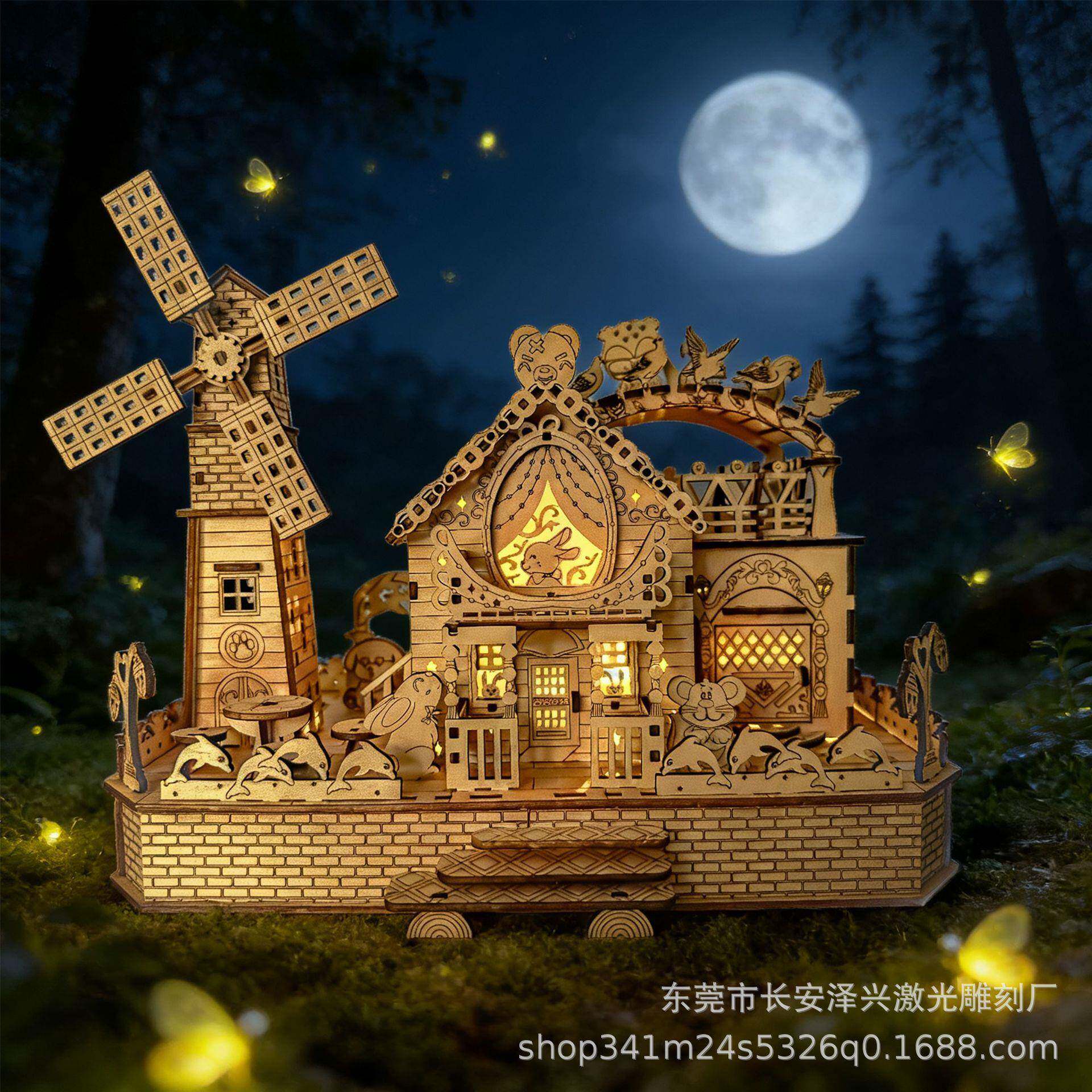 木质械传动风车小屋森屿秘密艺庄园手立工DIY体拼装模型机818术摆
