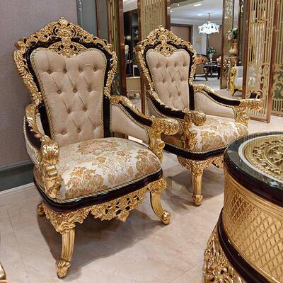 法式奢华全实雕花沙发木式客厅贴箔布艺70320金别墅高欧端沙发组