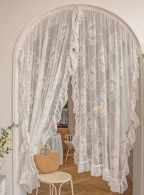 欧EXN式叶边蕾荷丝纱帘免打孔厅帘白色窗帘客复古轻奢门法式隔断