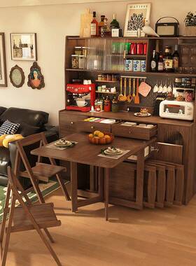 实型木折叠餐桌餐边柜小一体可伸缩式复古68194户带桌胡桃色靠墙