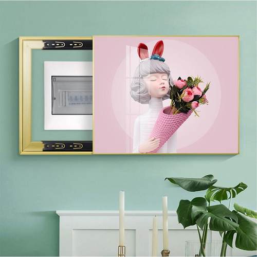 蝴蝶女孩电表箱装饰画简约翻盖遮挡配免打孔强弱组合画电箱闸挂画
