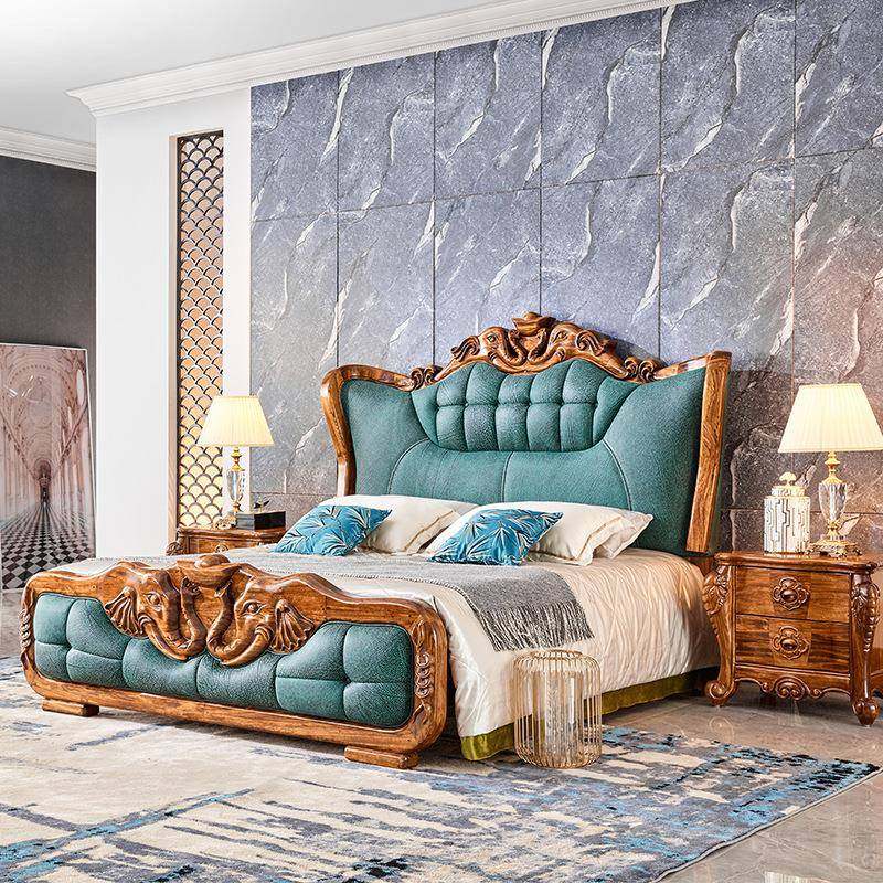 乌金木实木床美式床双人1.8米真皮雕花床欧式床卧室套房成套家具