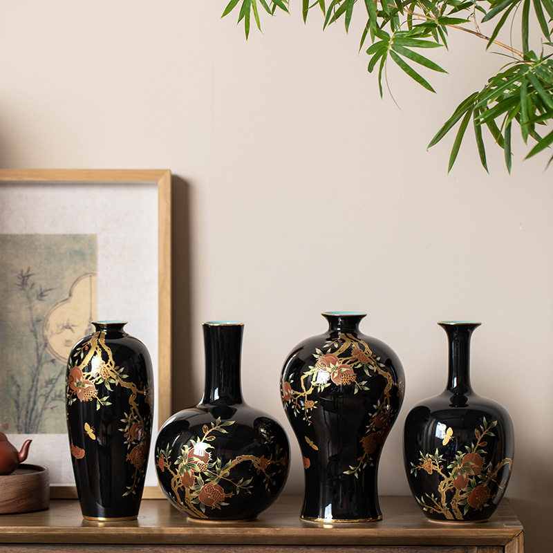 新中式家居陶瓷花瓶摆件轻奢描金复古插花瓶客厅餐桌玄关装饰品