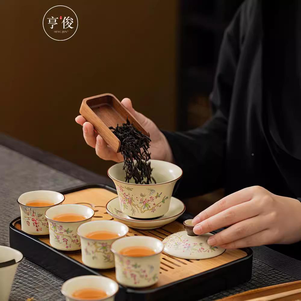 高藤开端米黄壶汝窑片可养zt66紫花旅行茶具茶盖碗套装便携式户外