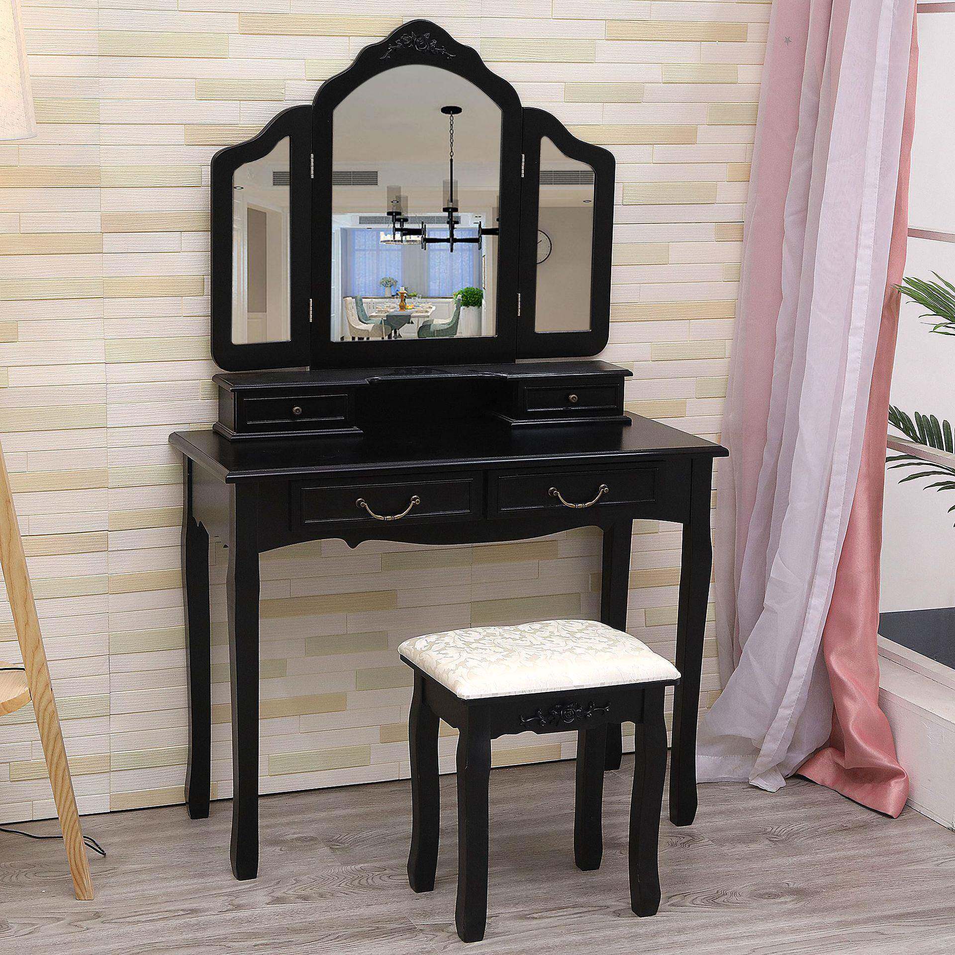 美式台实木带凳梳妆梳欧式简约黑色小卧室NLM化妆台三型镜四抽妆
