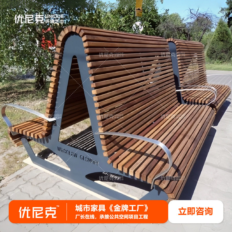 户外弯曲躺椅酒店售楼处商场公园广场户内外实木防腐公共休息座椅
