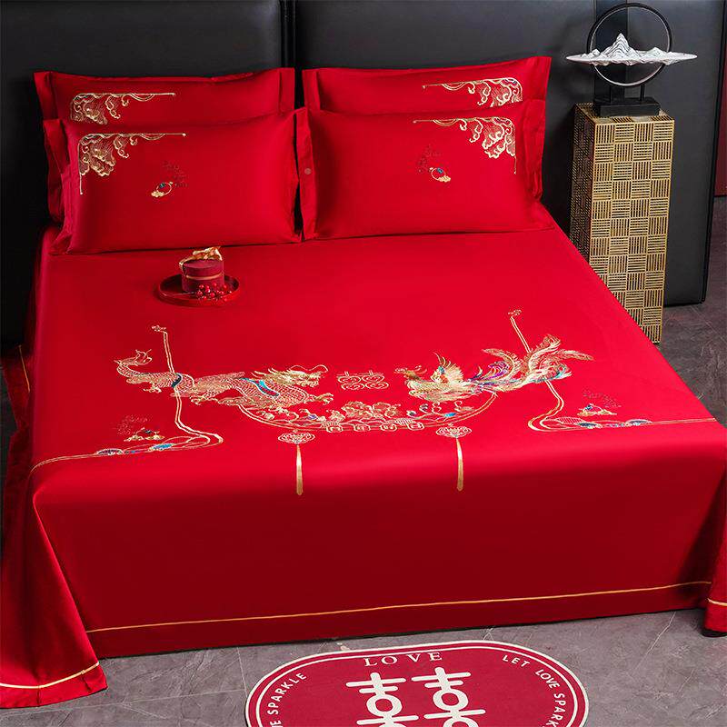 2024-11纯棉结婚单单件方女陪色嫁婚庆被单全床棉红三件套龙凤刺