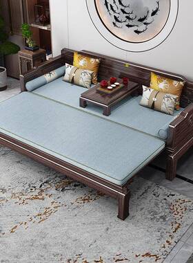 新中式12990乌金木木汉床现代约客厅简伸缩推拉床全实布艺沙罗发