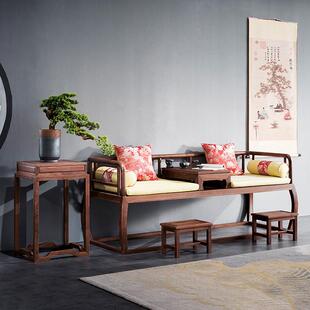 新中式推拉罗汉床客厅茶桌椅组合黑胡桃木茶室客厅休闲双人罗汉椅