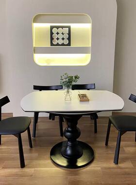 法DCD复古可方伸缩岩板餐桌木椅圆两用高端黑色实式圆形餐桌可变