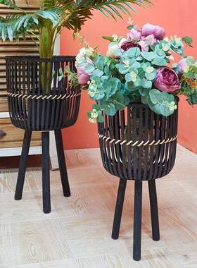 手工藤阳编台花架花民宿编实木绿植花盆木织质客厅园LSRS2300摆件