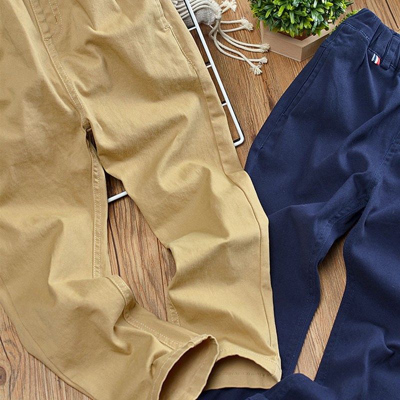 男童校服裤卡其色休闲裤弹力纯棉长裤子春秋冬款加绒藏蓝色松紧腰