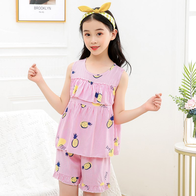 儿童背心套装棉绸睡衣女孩夏季薄款中大童女童无袖短裤居家空调服
