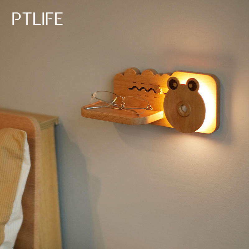 收纳置物架人体感应灯入户玄关感应实木青蛙可爱造型趣味插花设计