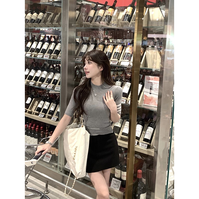 愉悦愉悦灰色拼接短袖针织T恤女夏季气质修身收腰圆领设计感上衣