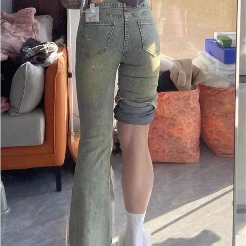 大码女装胖妹妹mm黄泥染牛仔直筒早秋宽松显瘦弹力微喇叭裤200斤