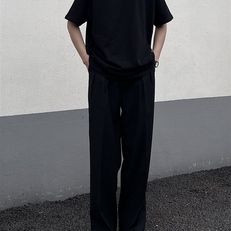 ONUN 宽松直筒廓形中缝西裤半松紧腰双褶阔腿休闲垂坠感抗皱长裤