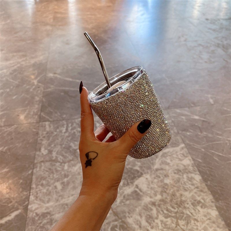 吸管保温杯轻奢镶钻便携带盖随行咖啡杯高颜值家用办公室水杯学生