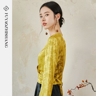 喇叭袖 FUYAO扶摇 新款 女春季 光泽感缎面上衣国风珠扣衬衣 提花衬衫