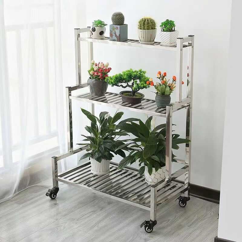 不锈钢大盆花架子落地式多层置物阳台客厅庭院花盆架阶梯式移动轮