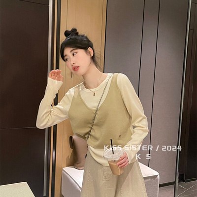 KISS SISTER气质温柔风假两件拼接上衣女2024早秋新款宽松长袖T恤