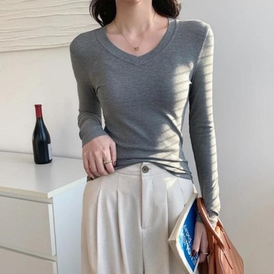 灰色v领长袖打底衫女内搭秋冬季2025新款可外穿气质百搭修身上衣