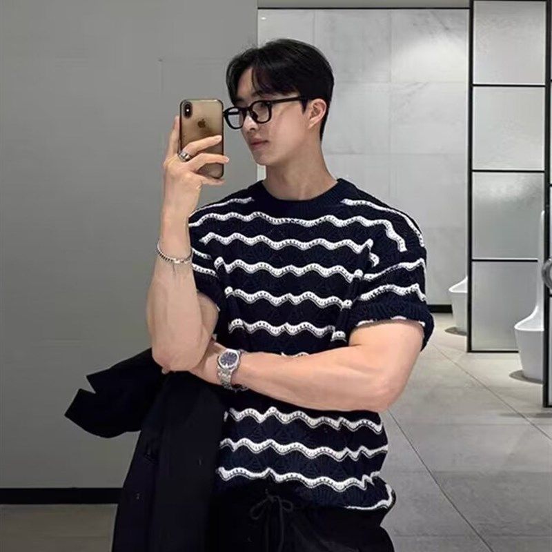 美式小圆领镂空条纹针织衫男高端冰爽丝短袖卫衣丝光棉显肌肉t恤,男装,T恤,淘宝优惠券,粉丝福利购,淘宝优惠卷