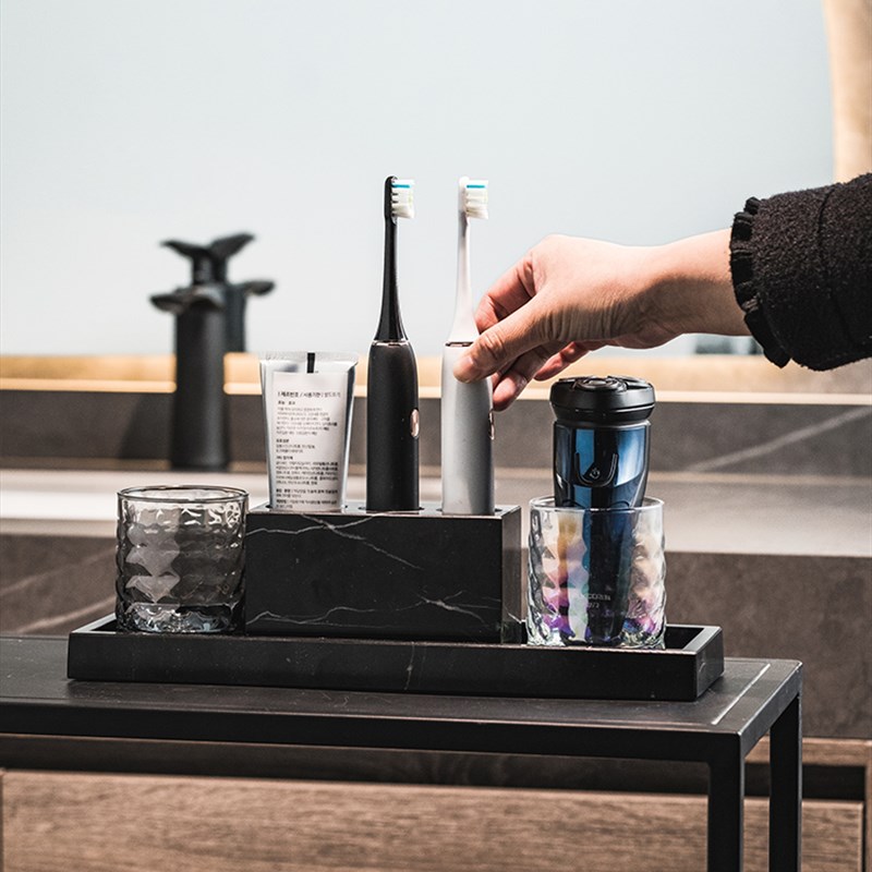 轻奢大理石双人牙刷置物架漱口杯套装洗漱台面情侣电动牙刷牙膏架