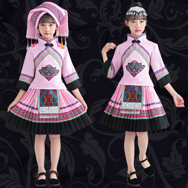 儿童壮族服装三月三少数民族苗族土家族彝族纳西族女苗族演出服