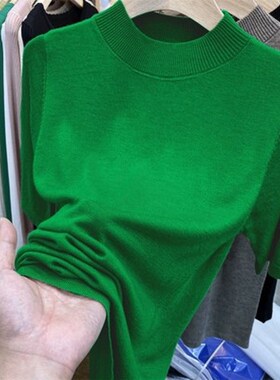 大码打底内搭上衣女春秋洋气毛衣中袖t恤女绿色潮薄款五分袖针织