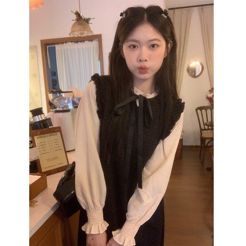 大码女装2024胖mm复古立领肌理感木耳边衬衫+细闪黑色长款背带裙