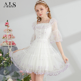 艾丽丝2024夏季新款白色甜美仙女裙网纱短袖方领荷叶边短款连衣裙