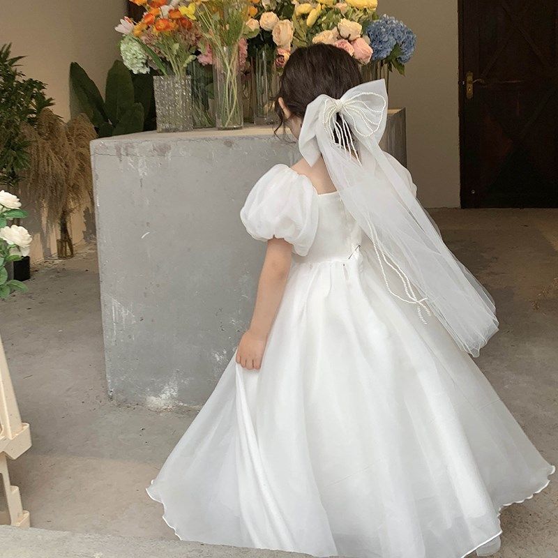 送头纱女童夏季高级感洋气白色婚纱主持人礼服纱裙儿童生日公主裙