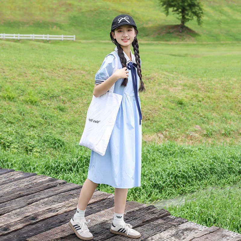 女大童连衣裙夏装2024新款洋气裙子15岁初中学生夏季女孩白色长裙
