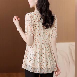 时尚短袖碎花雪纺衬衫女夏季新款妈妈中长款遮肚显瘦洋气裙摆上衣