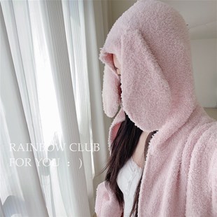 秋冬软绵绵可爱粉兔子连帽长裤宽松犬毛半边绒女士保暖睡衣家居服