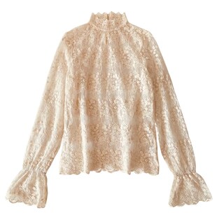 半高领蕾丝打底衫女秋冬时尚洋气内搭长袖高端气质喇叭袖网纱上衣