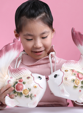 陶瓷亲吻鱼结婚礼物嘟嘟鱼情侣摆件节庆有余开业乔迁赠礼新房装饰