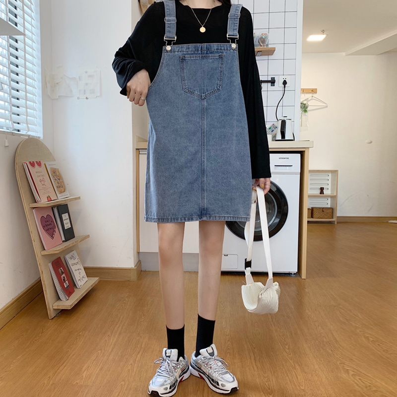 盐系牛仔背带裙女2021年新款胖妹妹mm大码宽松短裙收腰显瘦连衣裙
