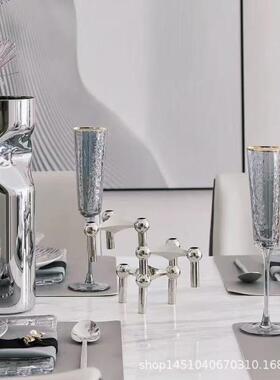 中古设计银色子烛台创轻奢摆件样板分房餐桌北欧艺属术金EXR意装