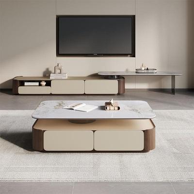 现代简约小户型轻用奢长全方形岩板实木旋VEW转茶几家缩电视伸柜