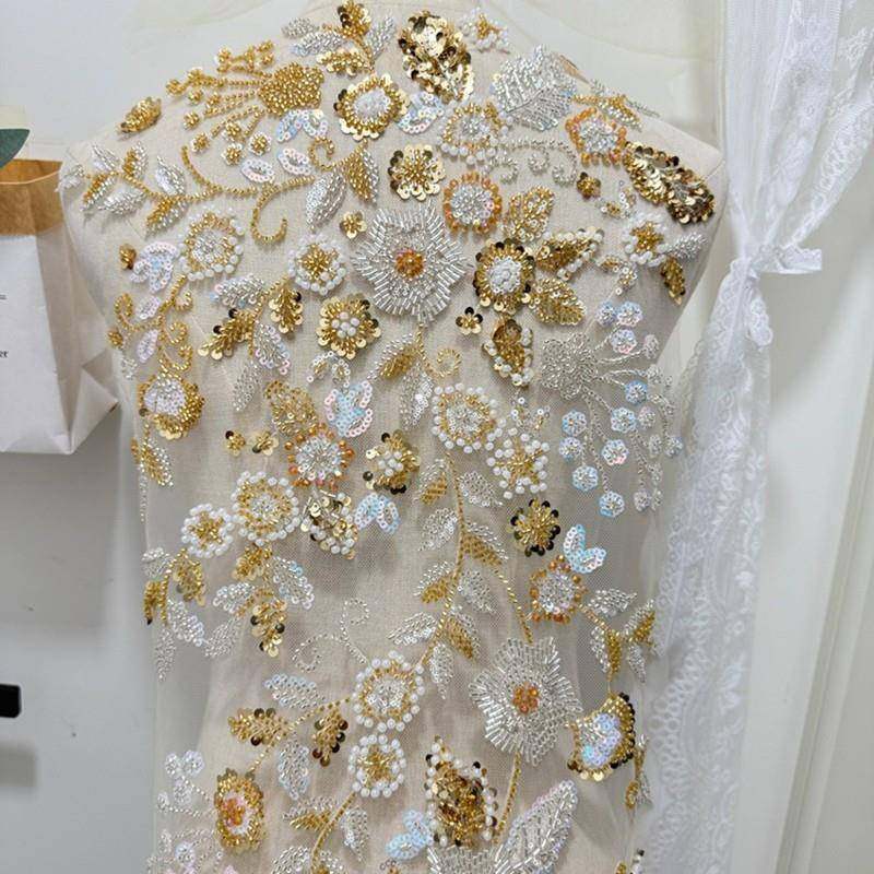 重工婚刺绣蕾丝花贴蓝色珠子亮片珍珠VRQ布贴纱I礼服秀禾DY新金品
