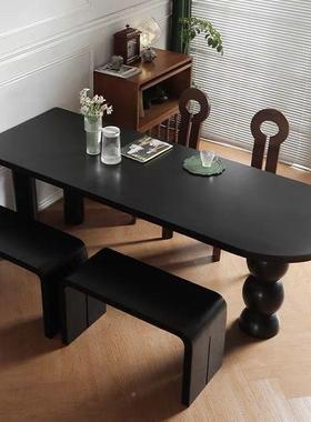 黑色法式复古小户型中古实餐桌餐木桌椅家子椅组合MHU用长方形
