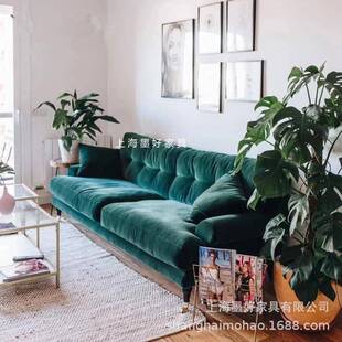 美式轻奢风简约绿色扣拉褶皱沙发小法式复古户型客厅绒丝布艺9752