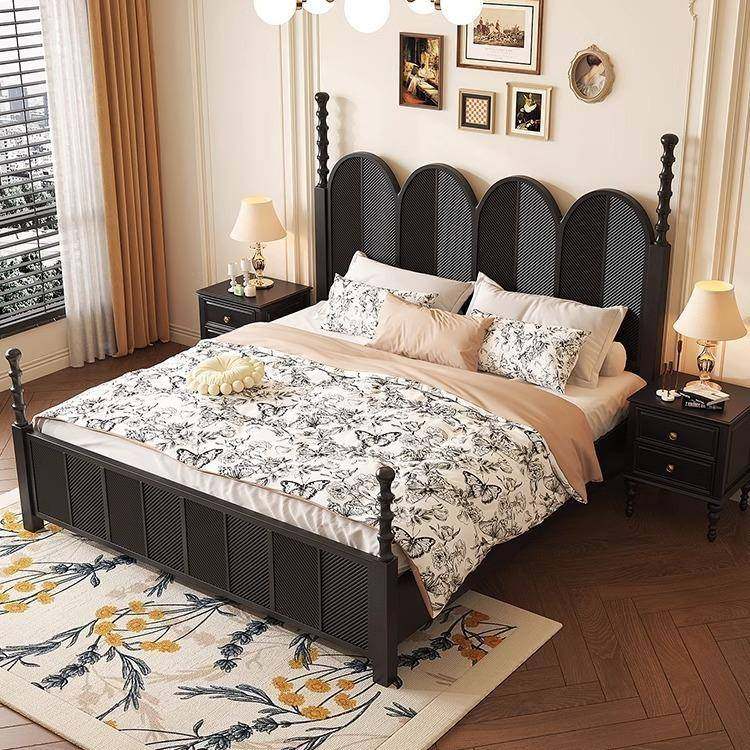 黑色轻美式668人床1.8米储物高箱双1.5m古雕花中风法式复古实木奢